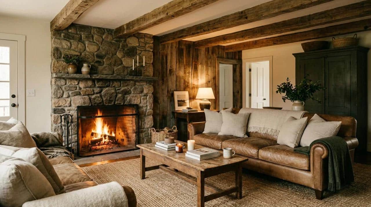 Rustic living room with reclaimed wood walls, stone fireplace, leather seating, and warm lighting.