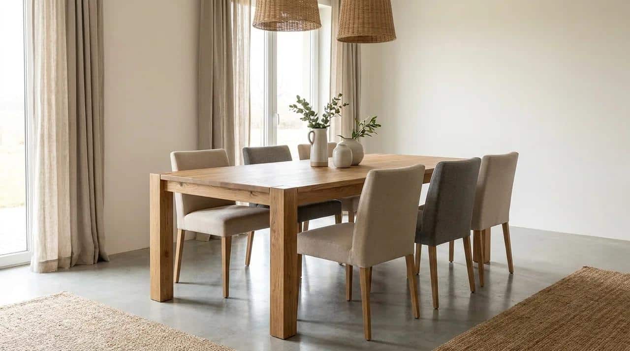 Modern rustic dining room with oak table, sleek chairs, neutral tones, and natural decor.