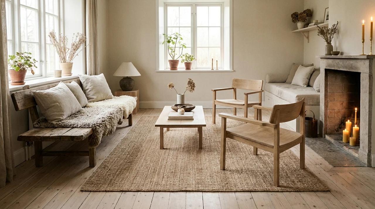 Rustic Scandinavian room with light wood furniture, soft textiles, plants, and neutral natural tones.