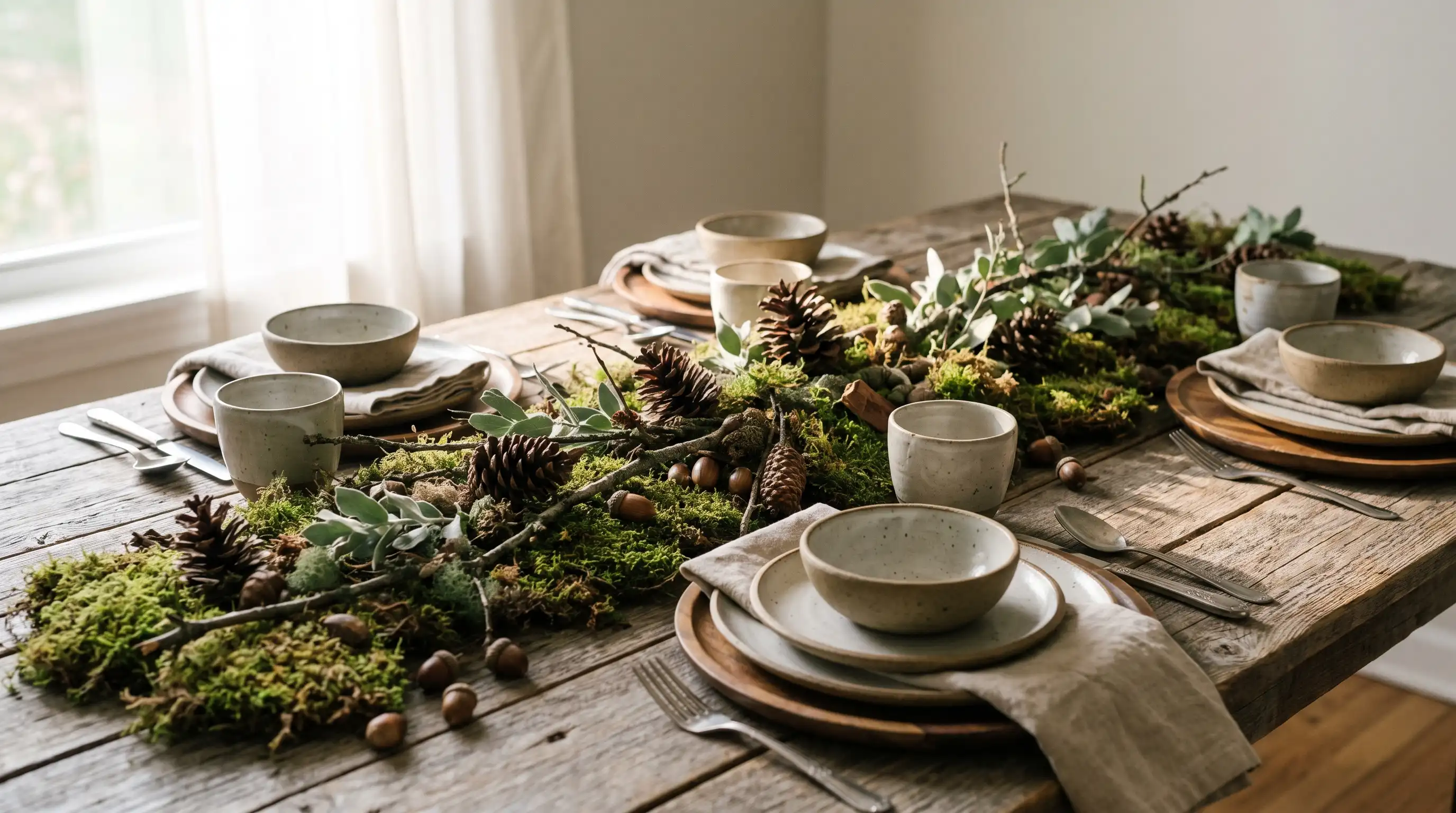 Rustic fall tablescape with moss, pinecones, wooden chargers, linen, greenery, and stoneware