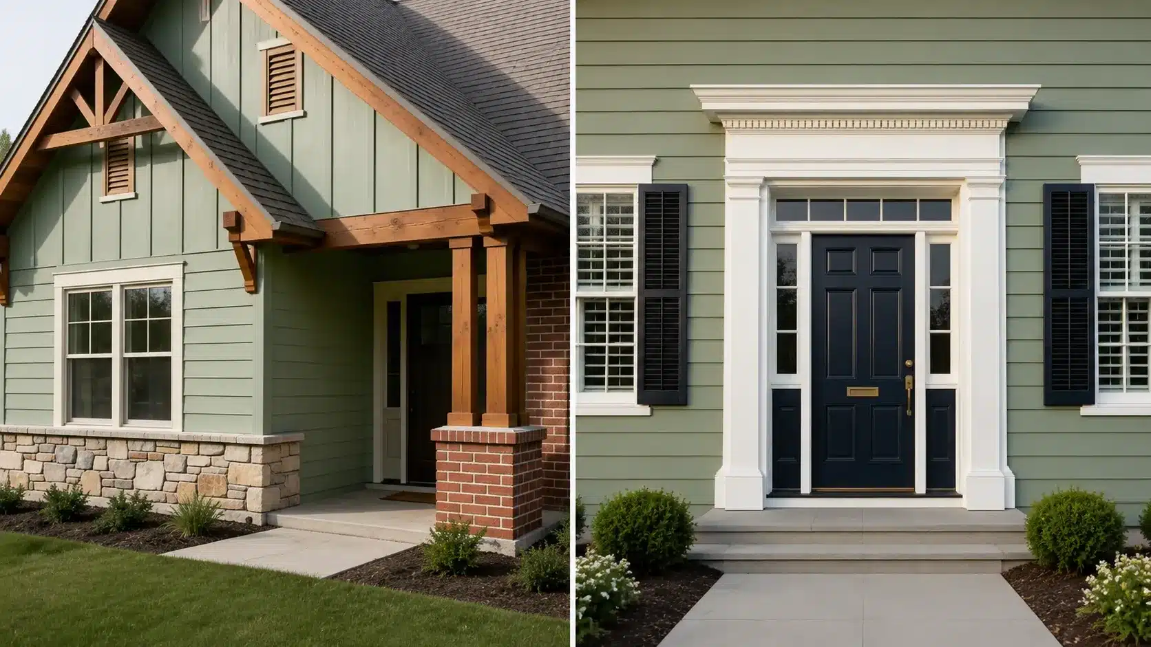 Collage of Benjamin Moore Saybrook Sage exterior options.