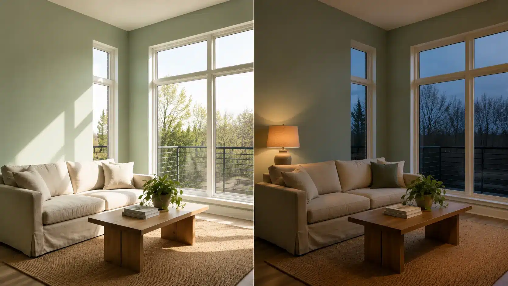 Collage of saybrook sage walls showing a lighter appearance in bright natural light and deeper tones in low and artificial lighting.