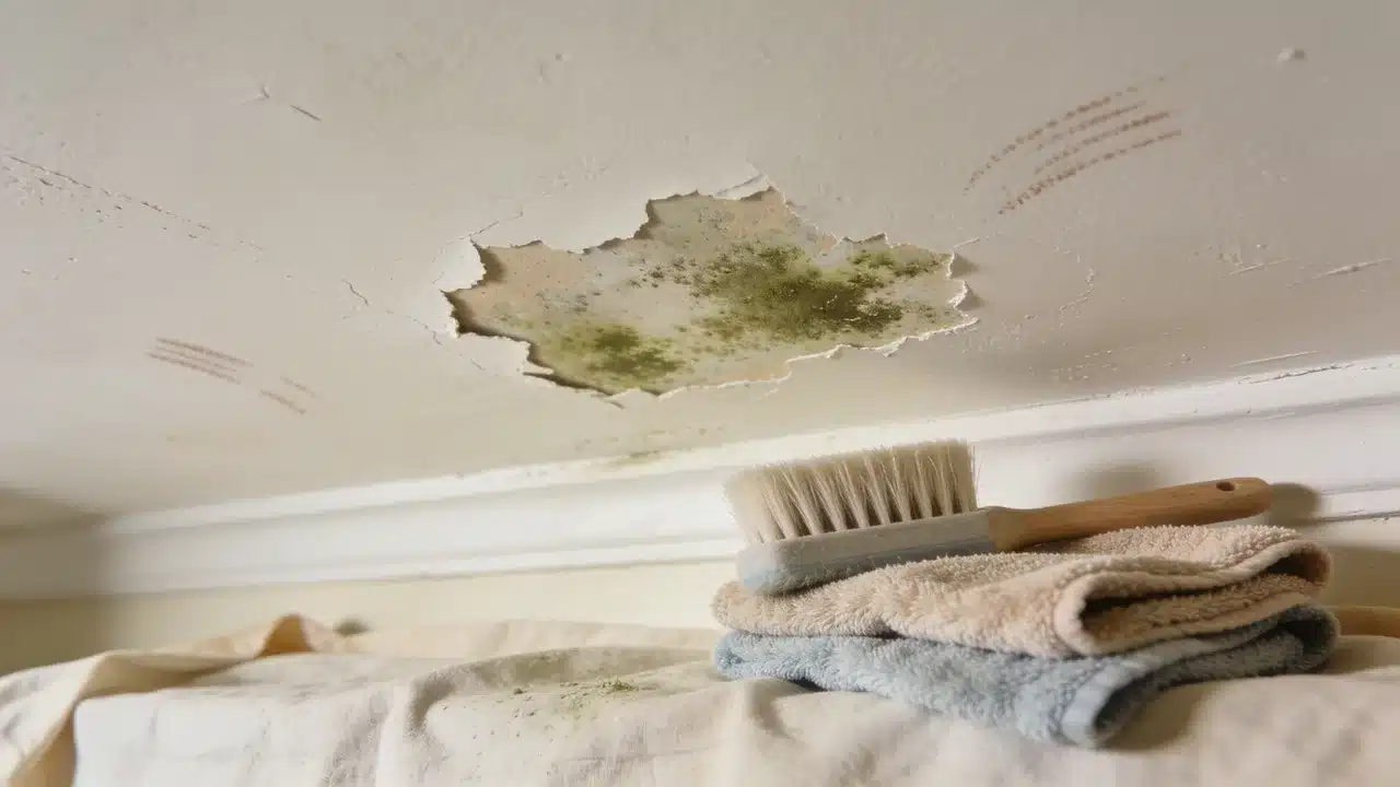 Cleaning mold residue from a ceiling surface with brush and cloth