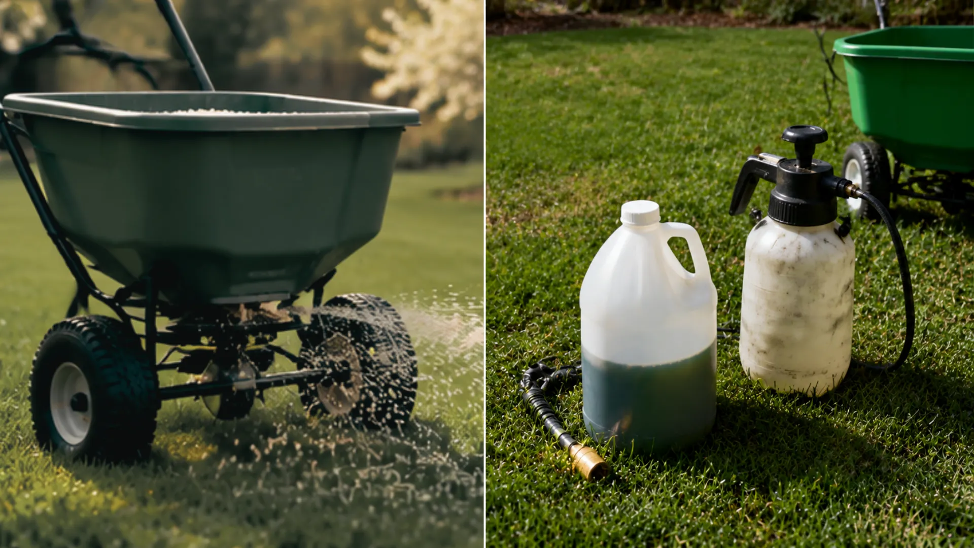 Four seasonal lawn fertilizer schedules showing spring feeding, summer watering, fall lawn care, and winter dormancy.