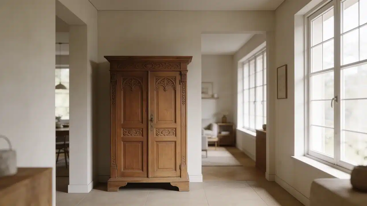 A single antique wooden cabinet with visible craftsmanship is incorporated naturally into the room