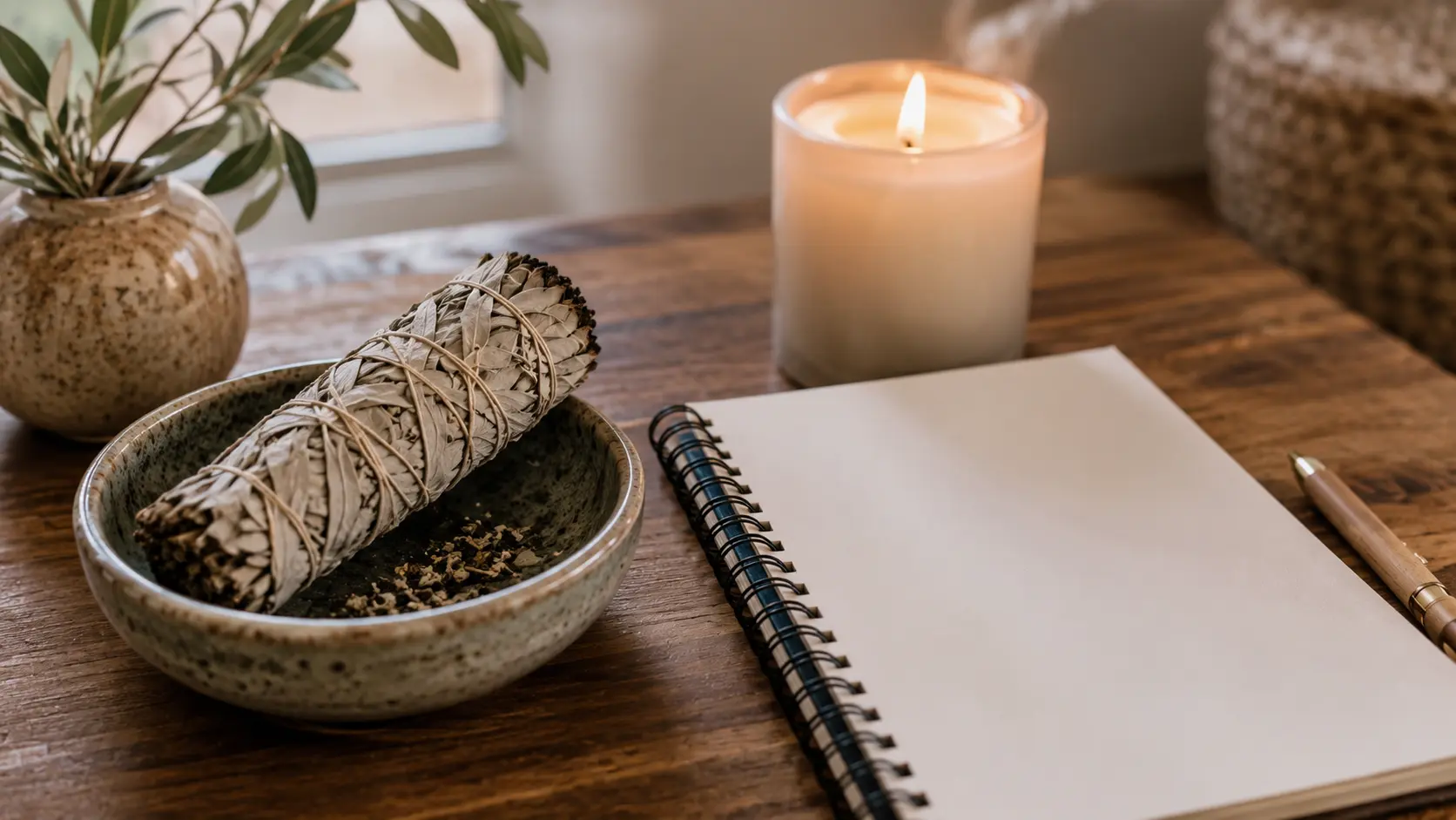Sage bundle in a ceramic bowl beside a blank notebook and lit candle on a wooden table in soft morning light.