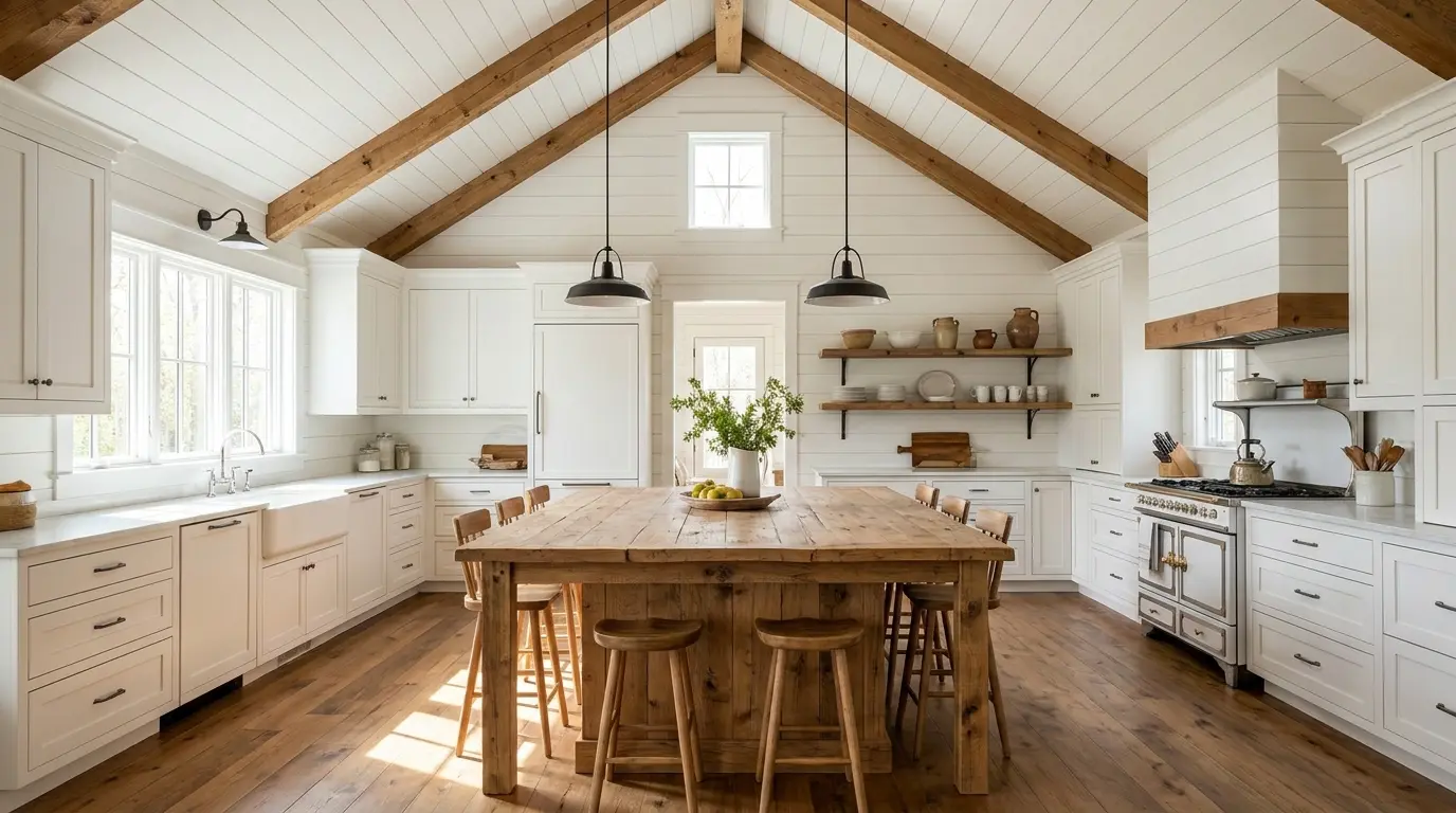 Farmhouse kitchen with vaulted shiplap ceiling, exposed wood beams, white cabinets, and a large rustic wood island.