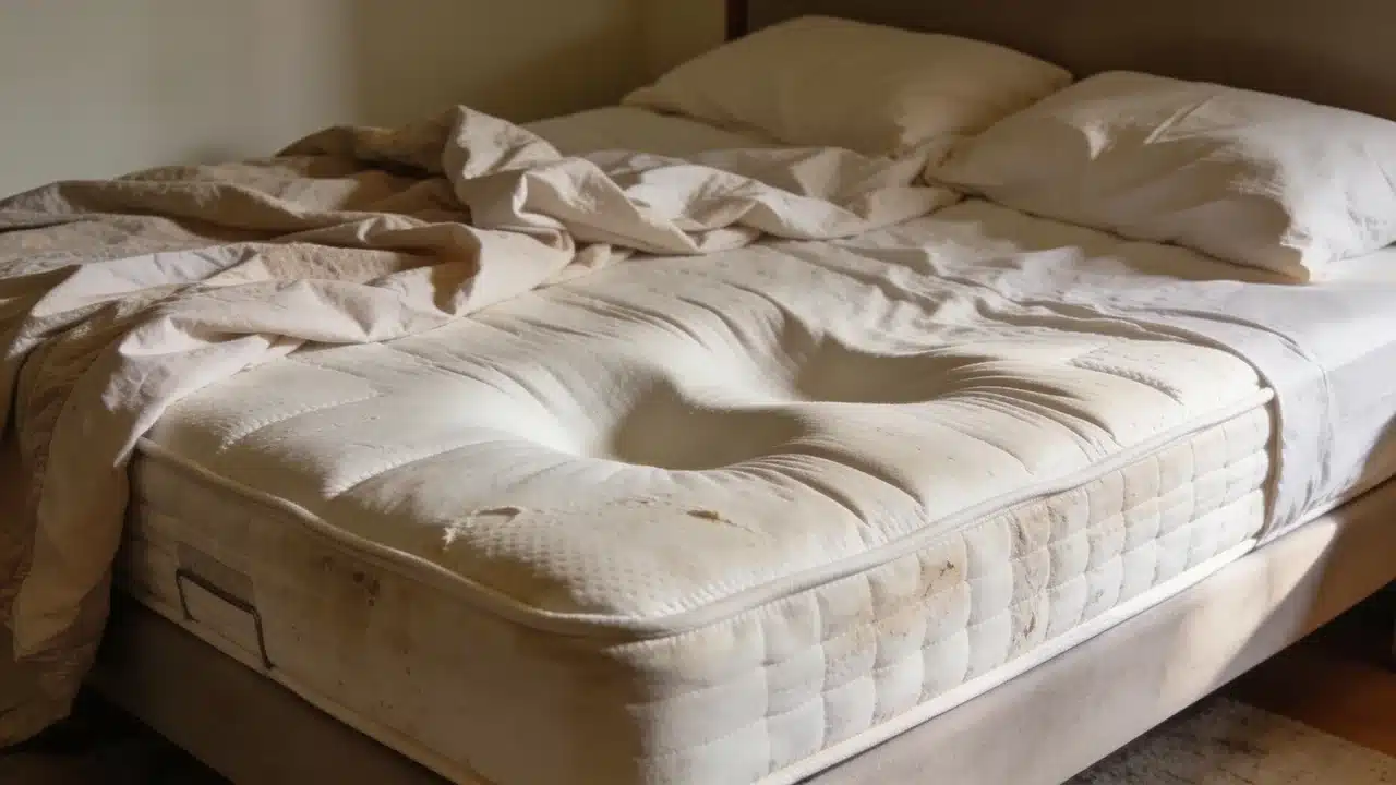Worn mattress showing sagging, uneven surface, and signs it needs replacement