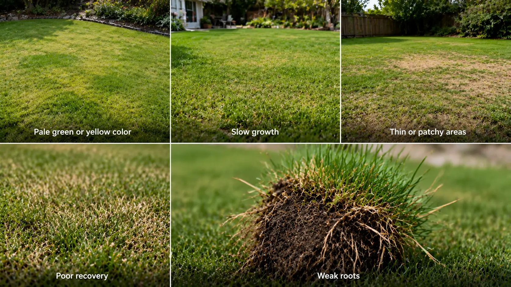 Lawn showing signs of nutrient deficiency including yellow grass, thin patches, slow growth, and weak roots.