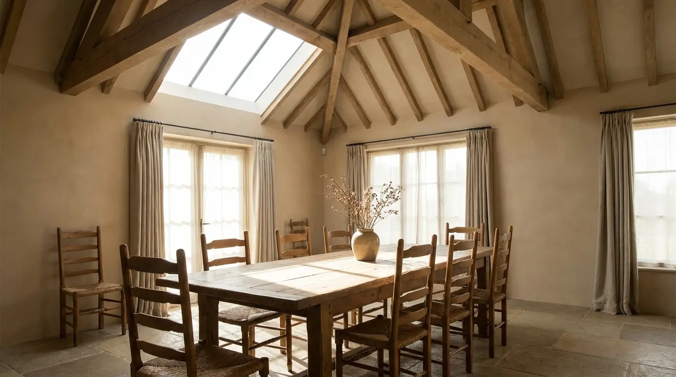 Rustic dining room with exposed wood beams, a large skylight, wooden table and chairs, and warm natural light.