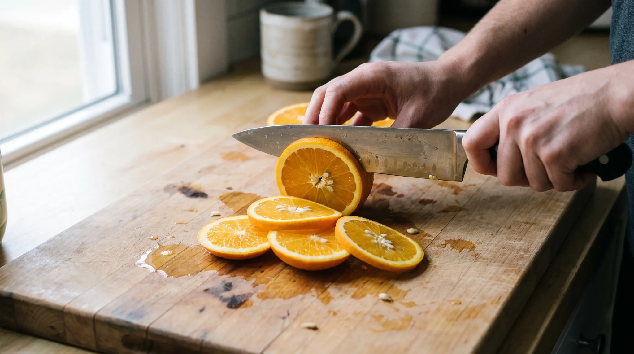 Fresh oranges sliced into thin rounds on a wooden cutting board for dried orange garland.