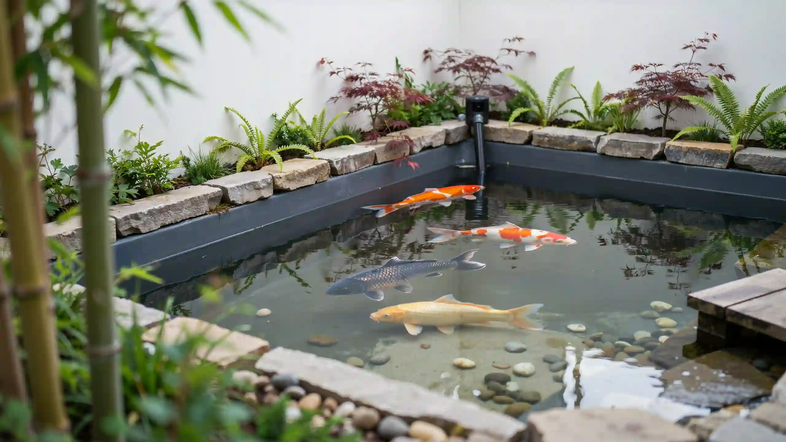 Small backyard koi pond with stone edging, clear shallow water, ferns, Japanese maples, bamboo, and a wooden platform.