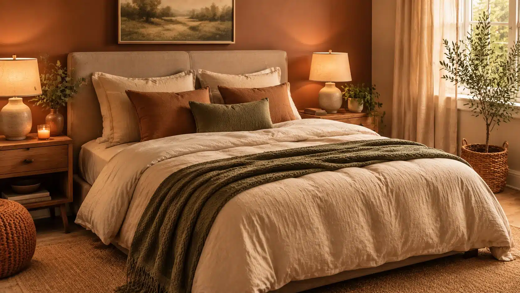 Cozy bedroom with warm terracotta walls, neutral bedding, wood furniture, and earthy tones creating a calm romantic feel.