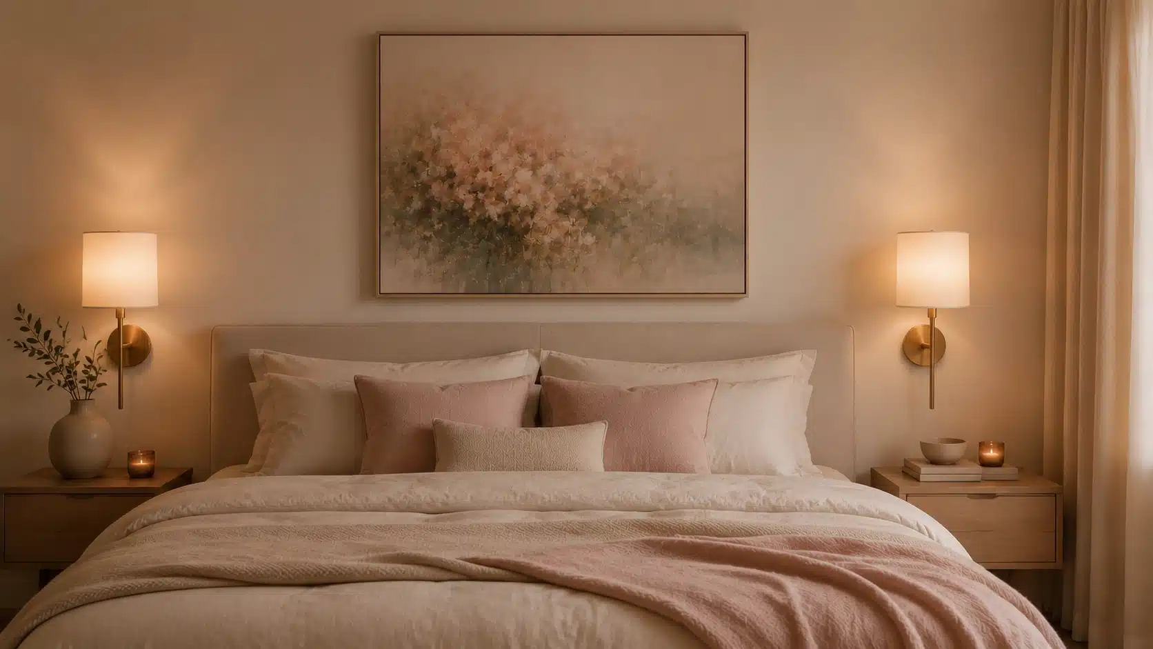 Cozy bedroom featuring soft floral artwork above the bed with muted colors and romantic neutral styling