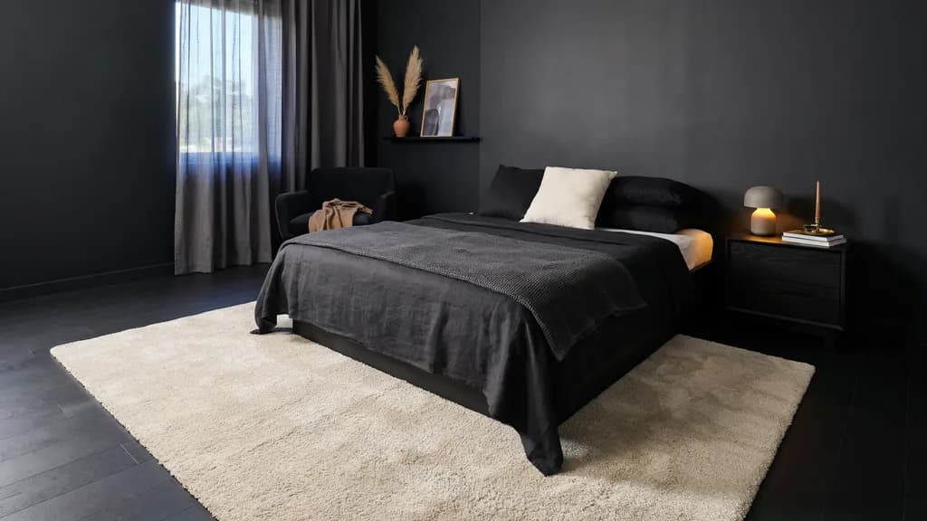 Black bedroom with soft textured rug adding warmth and comfort