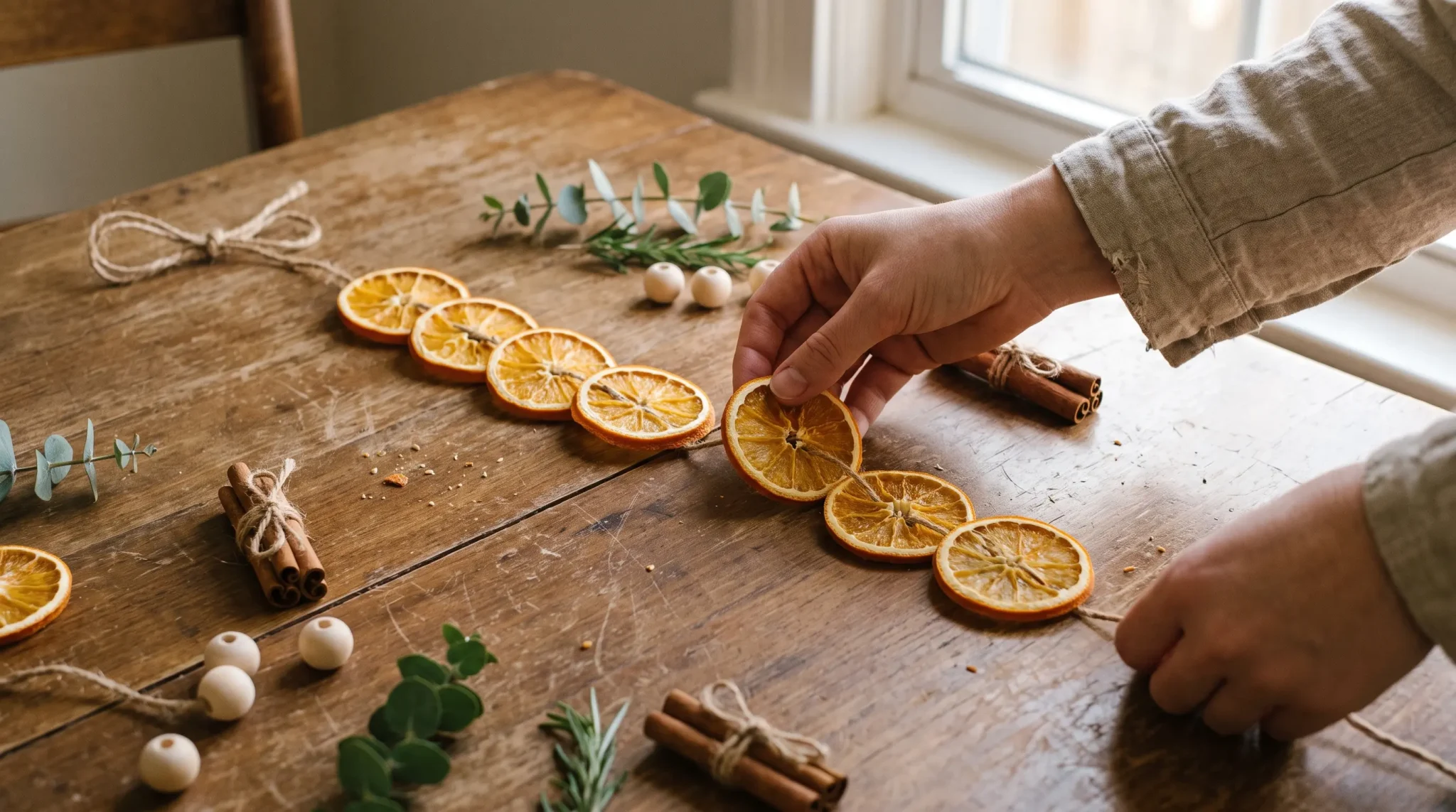 Dried orange garland being spaced along twine with cinnamon sticks, wooden beads, and greenery.