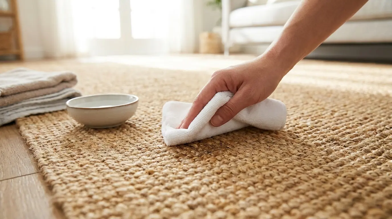 Spot cleaning small stains on a jute rug using gentle cleaning techniques.