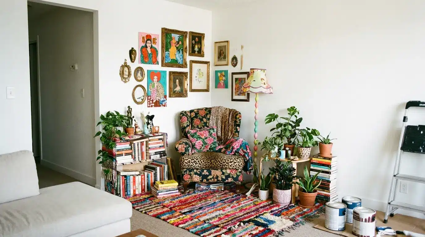 maximalist reading corner with floral armchair gallery wall stacked books houseplants colorful rug and decorative floor lamp