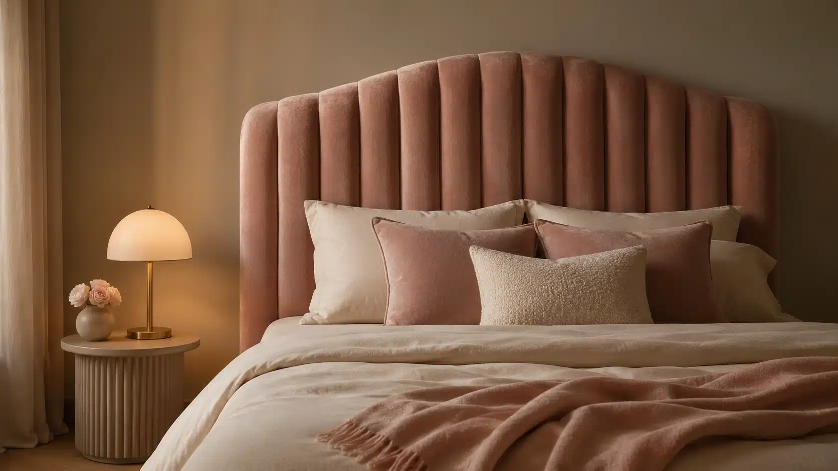 Romantic bedroom featuring a tall curved upholstered statement headboard with soft bedding and warm lighting