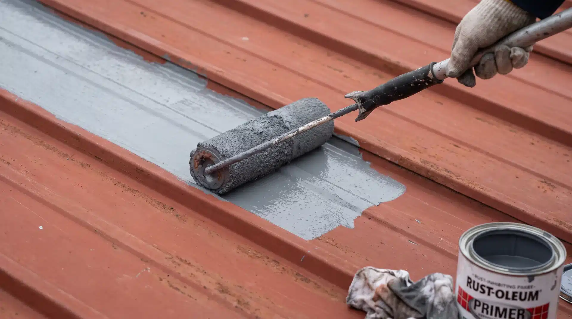 Paint roller applying grey primer across terracotta-red corrugated metal roof panels in daylight.