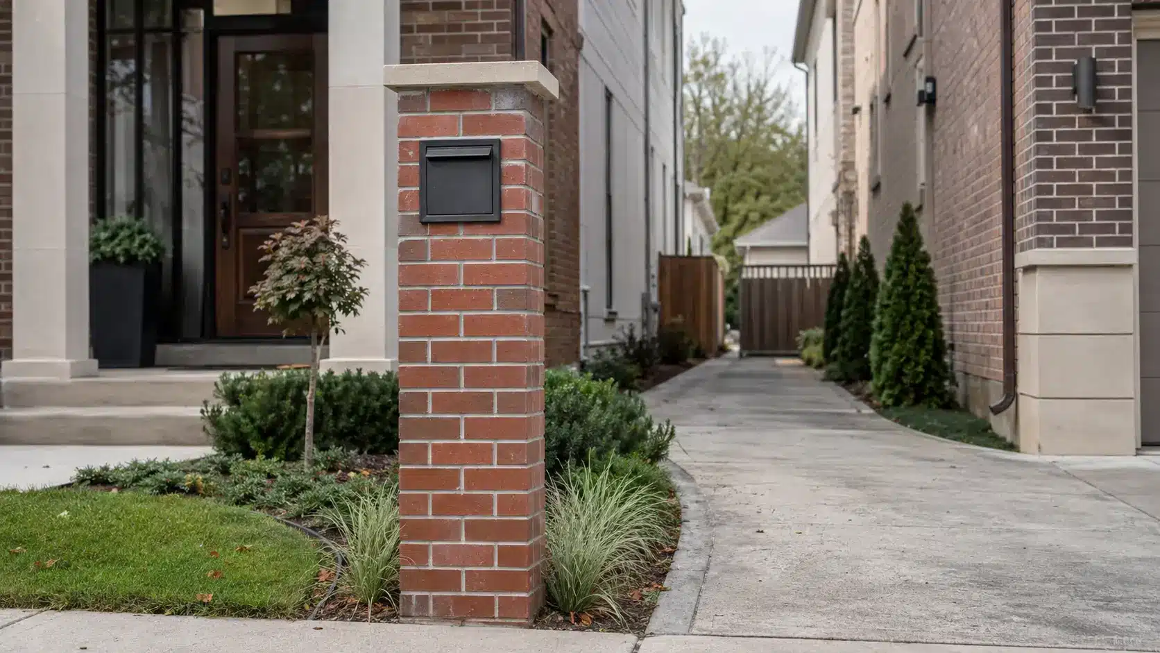 Tall narrow red brick mailbox with a dark metal insert and compact landscaping beside a narrow residential driveway