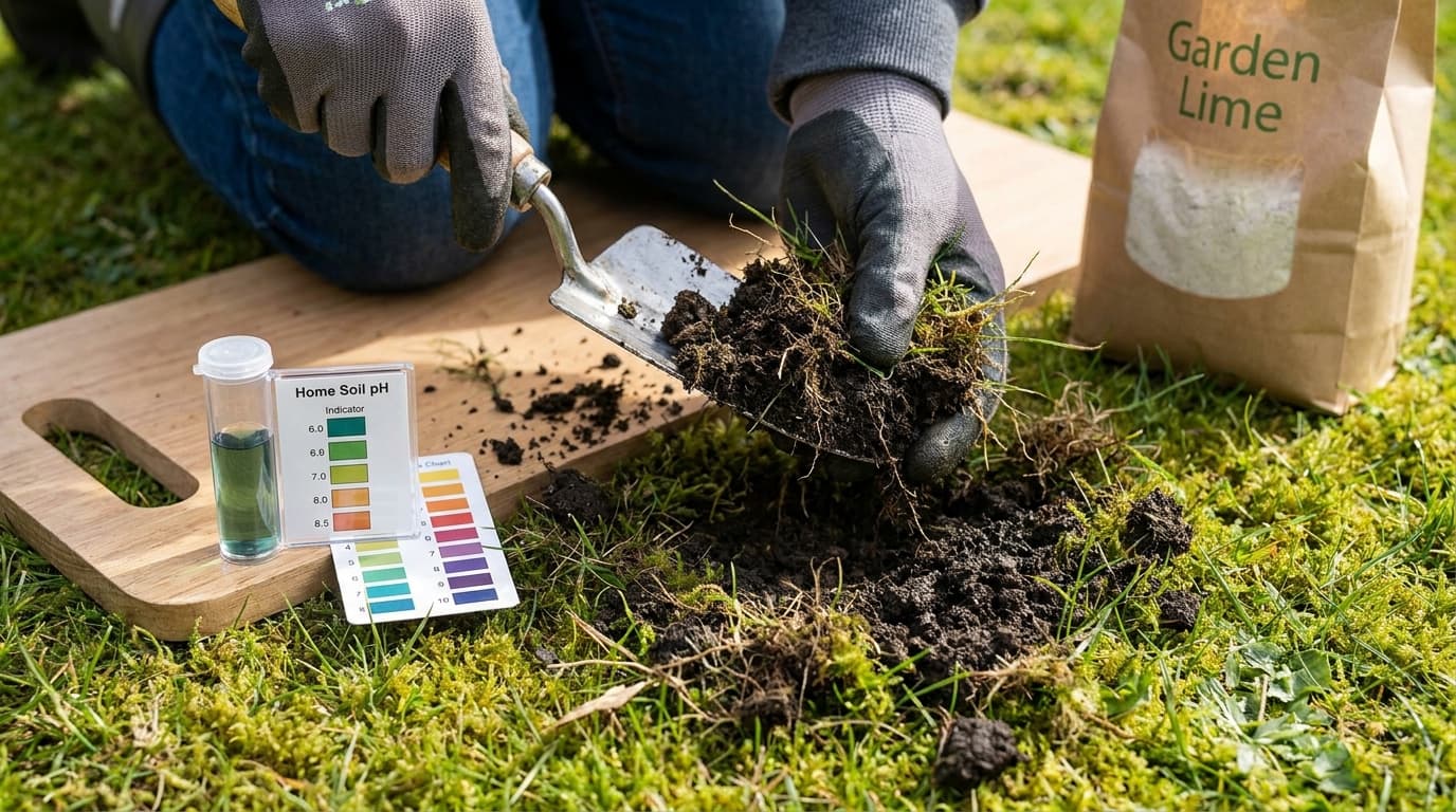 Testing lawn soil pH before applying lime to reduce moss growth