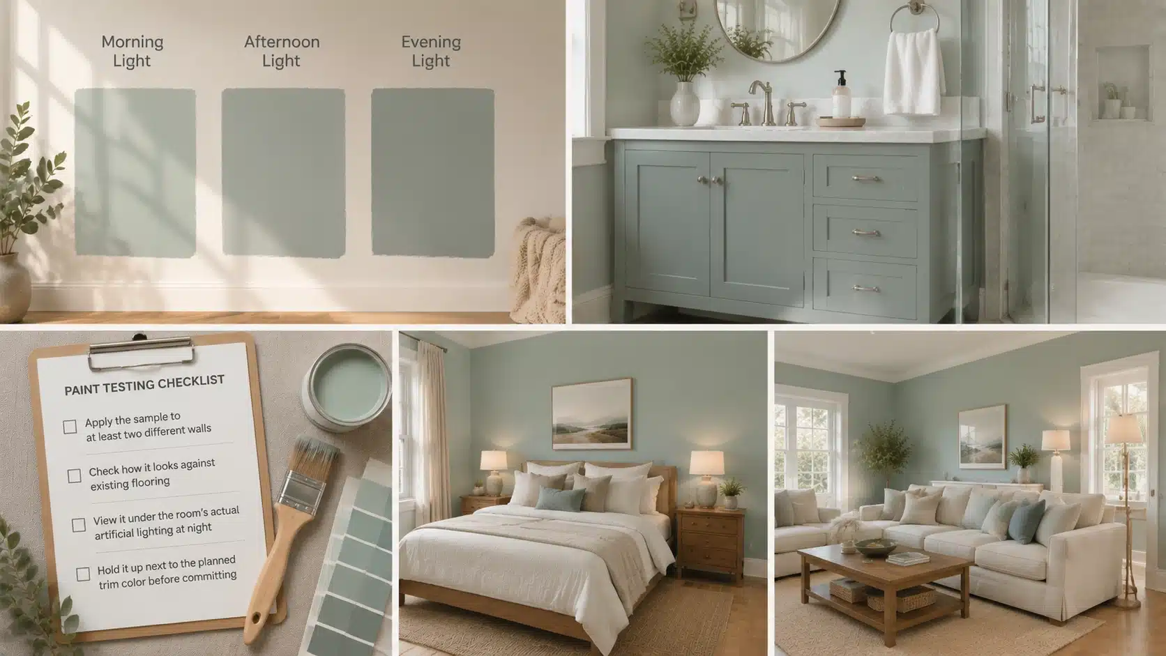 Benjamin Moore Beach Glass tested in different lighting conditions with real room applications, paint samples, and color checklist.