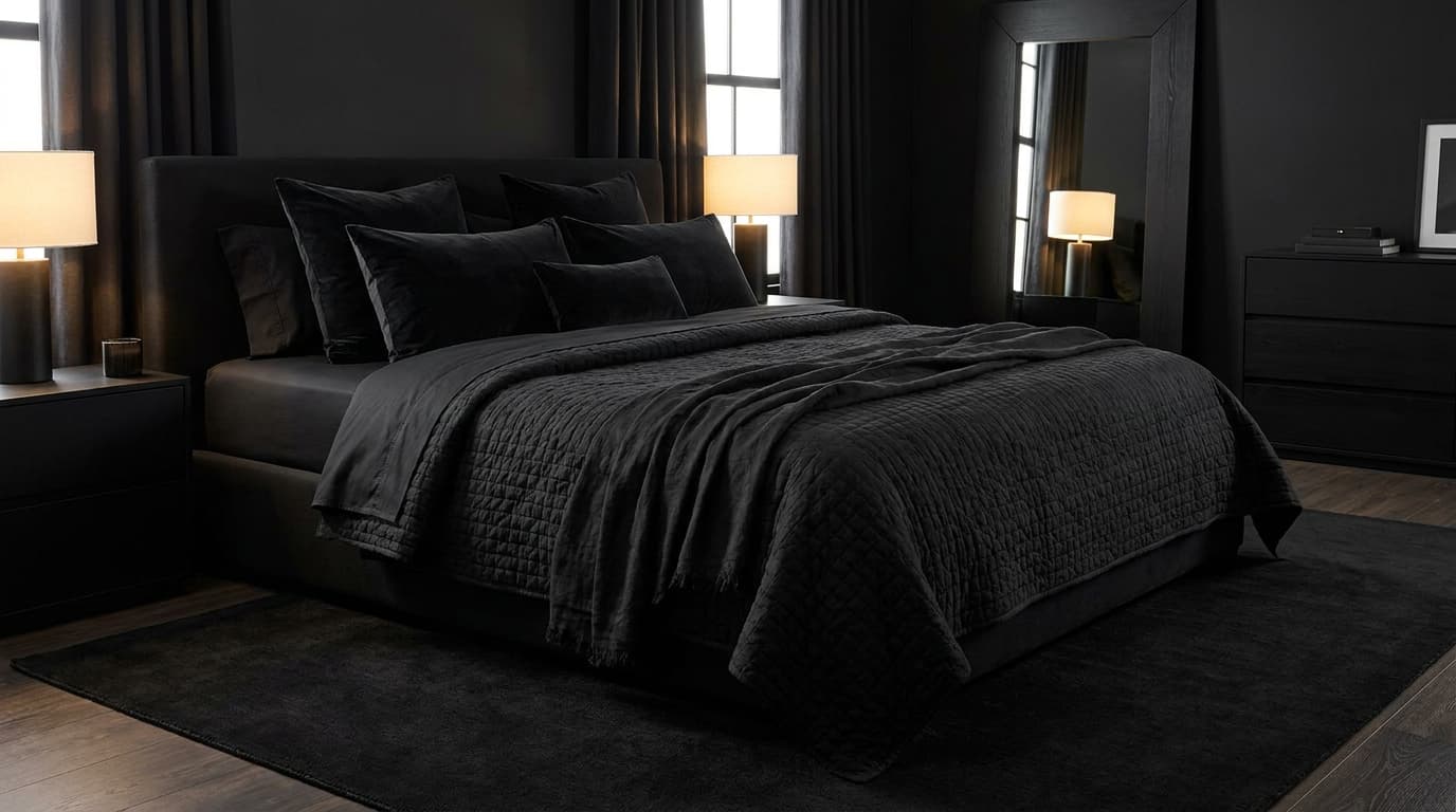 Black bedroom with layered textured bedding and dark luxury decor