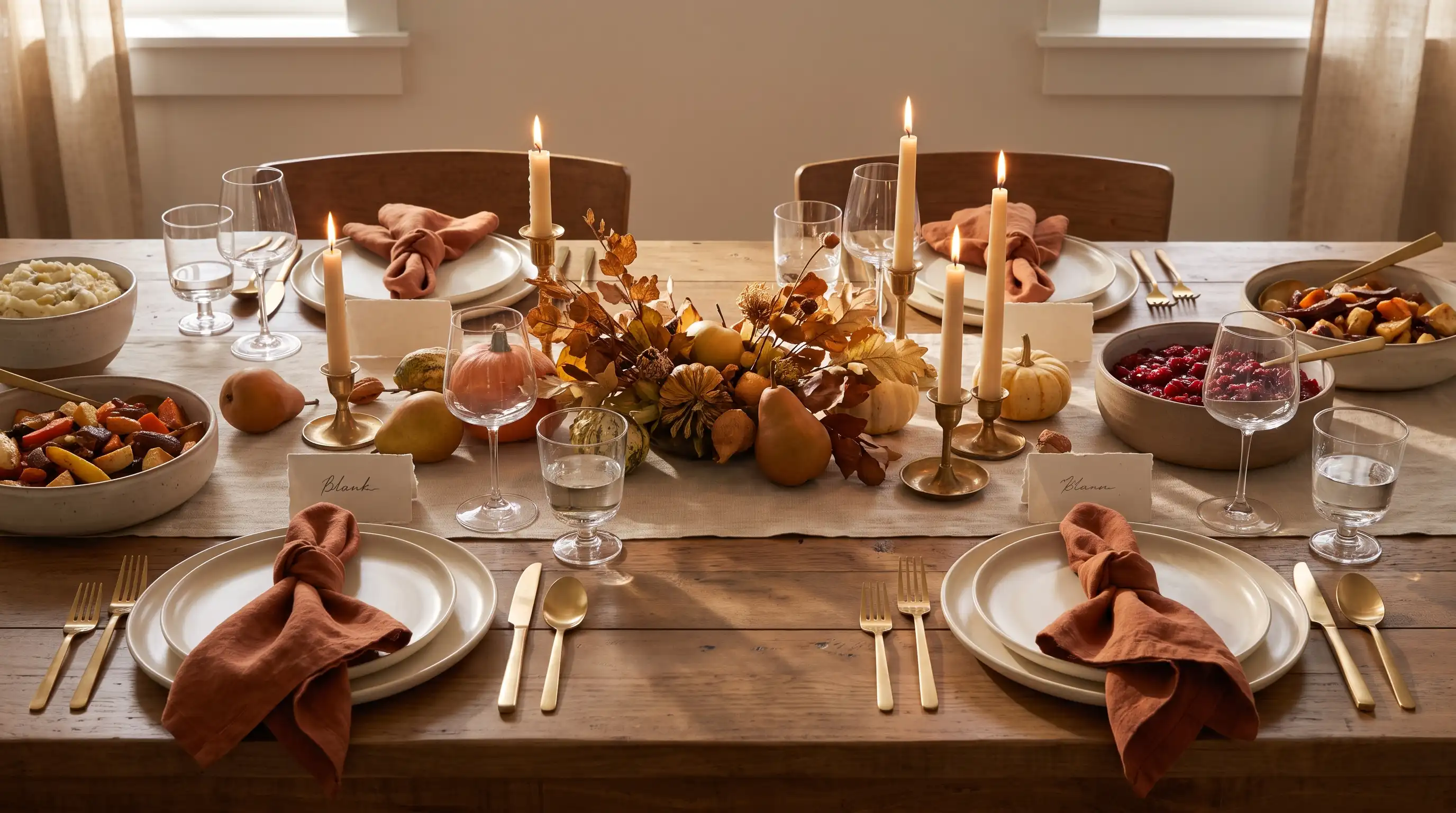 Thanksgiving table with cream dinnerware, burgundy linens, brass flatware, gourds, pears, and candles