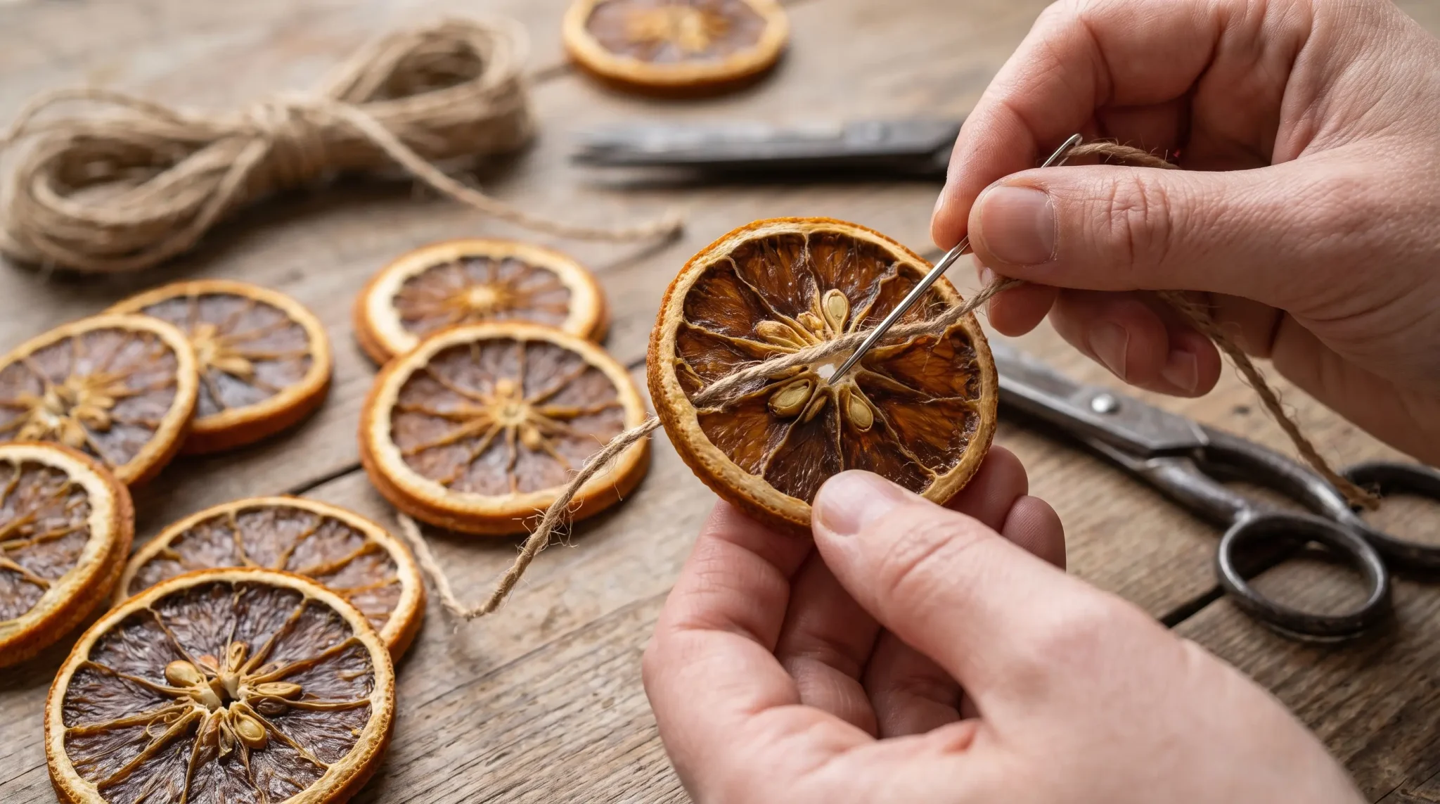 Hands threading dried orange slices onto natural twine through two small holes near the rind.