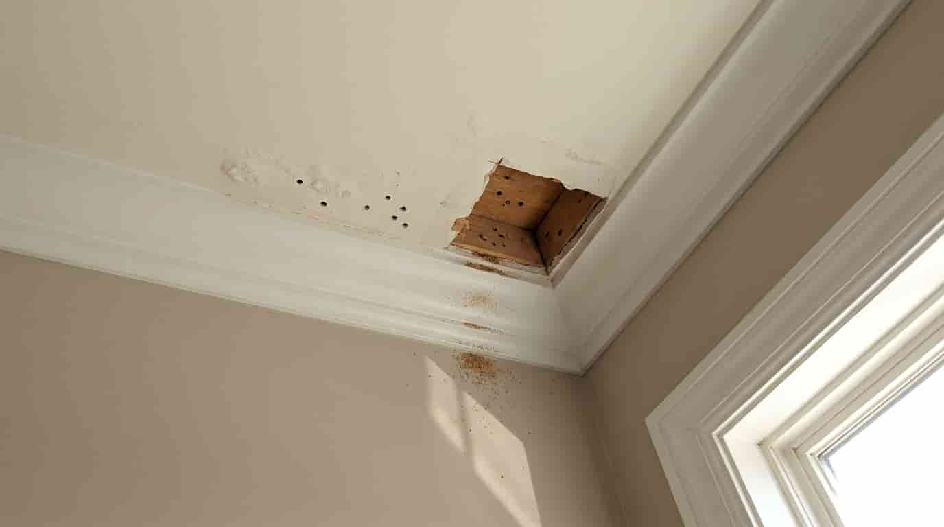 Tiny termite holes appearing in drywall near a ceiling seam showing early damage signs