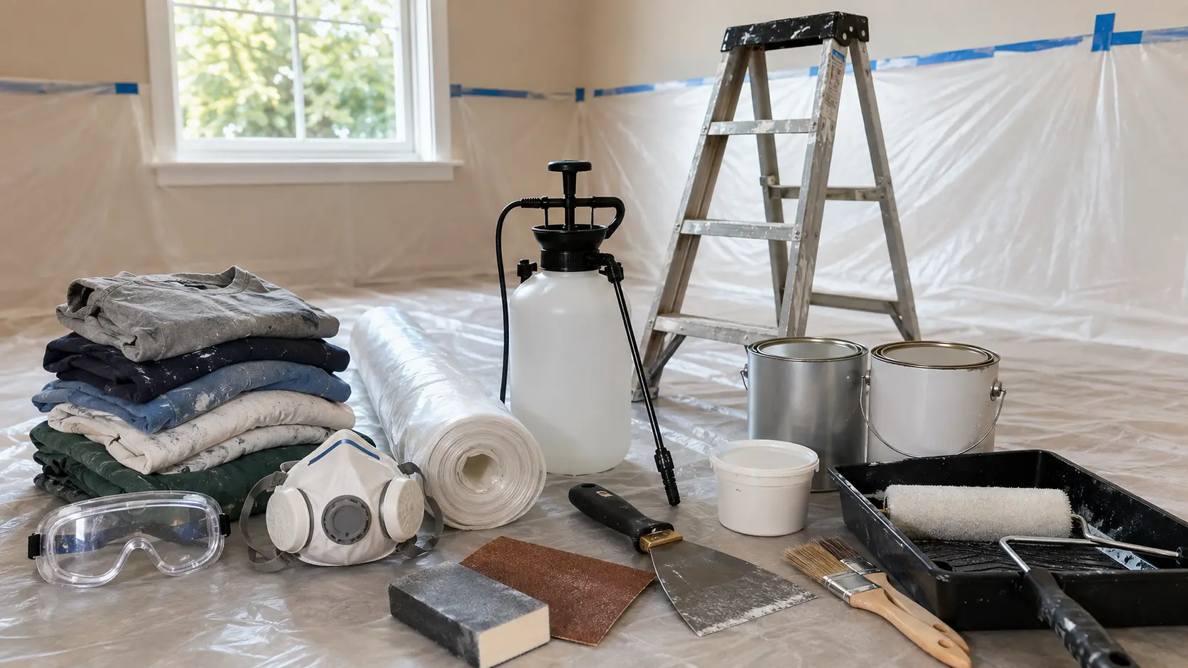 Tools and materials for popcorn ceiling removal arranged in a room protected with plastic sheeting