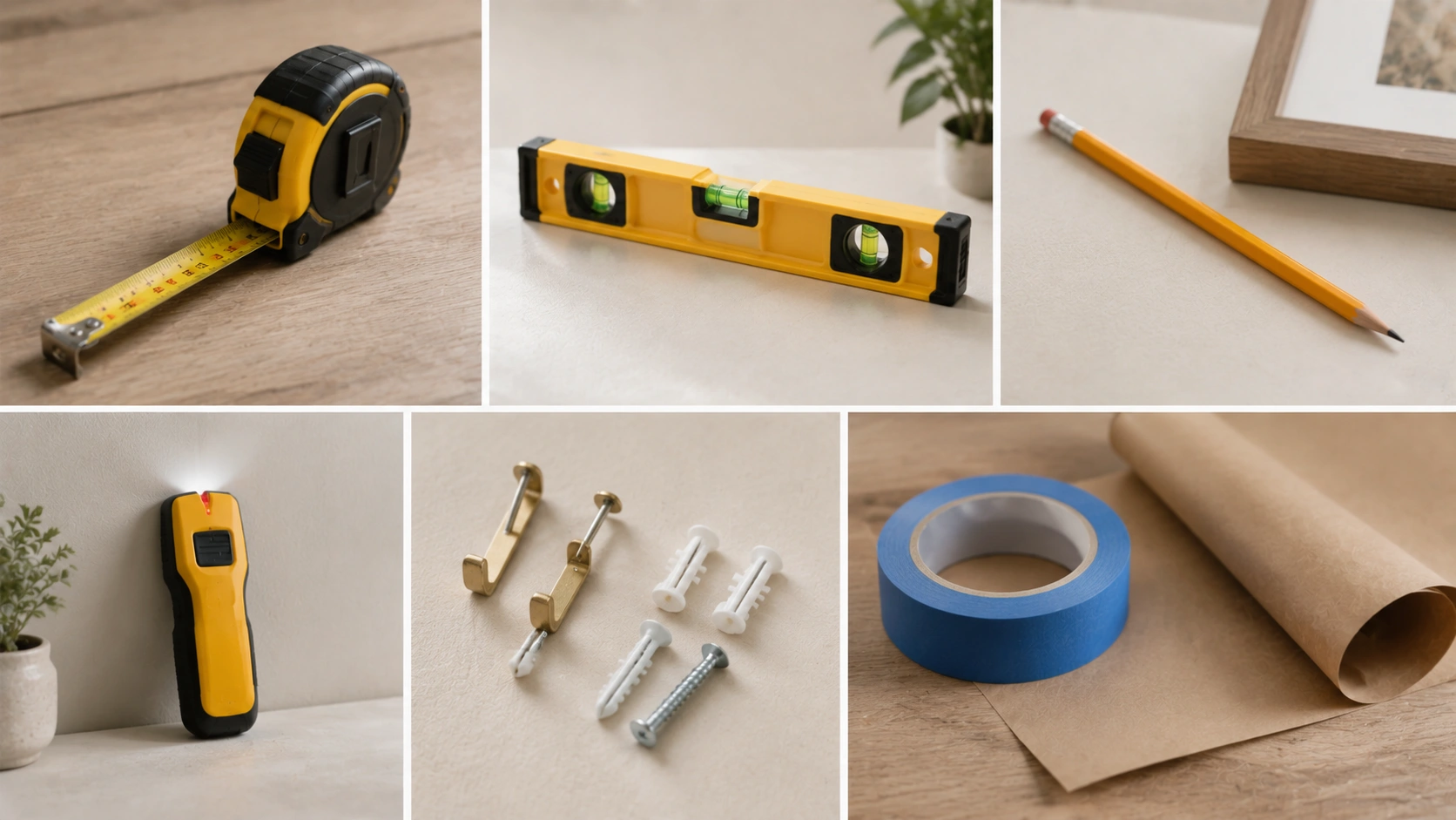 Essential picture hanging tools including measuring tape, level, pencil, stud finder, hooks, anchors, tape, and kraft paper.