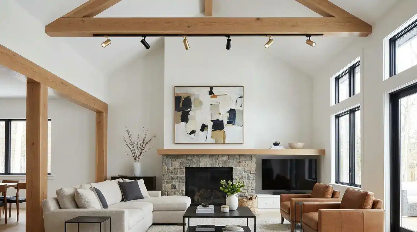 Living room with a vaulted ceiling, exposed wood beams, track lighting, stone fireplace, modern seating, and tall windows.