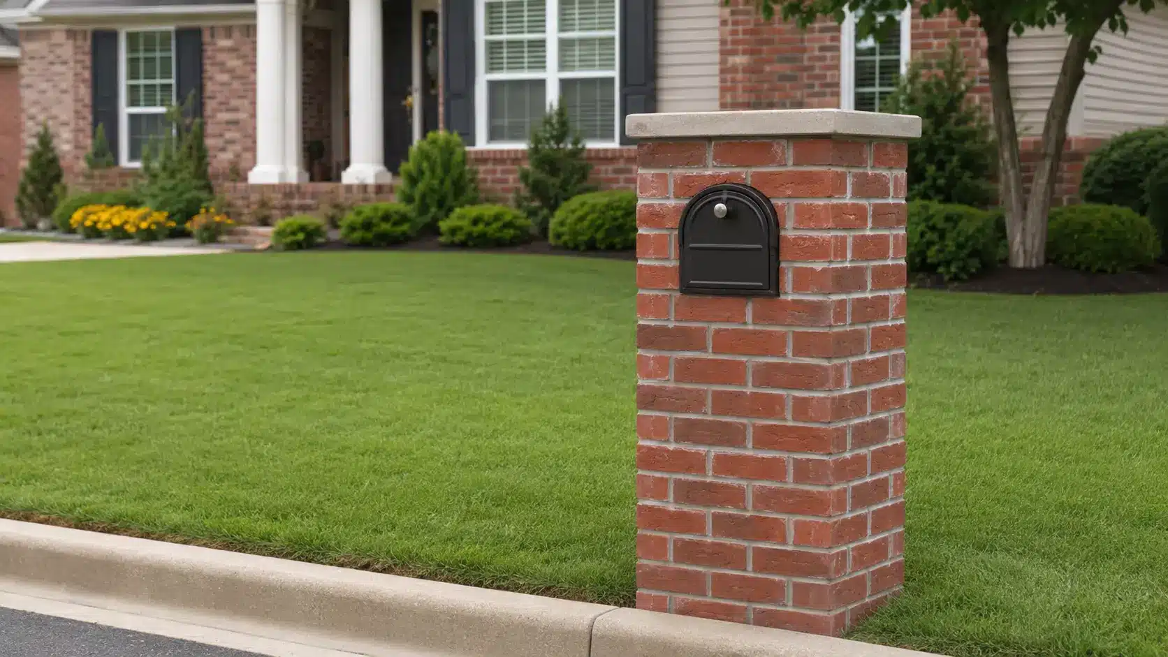 Red brick mailbox column with a black metal insert and concrete cap beside a traditional suburban home.