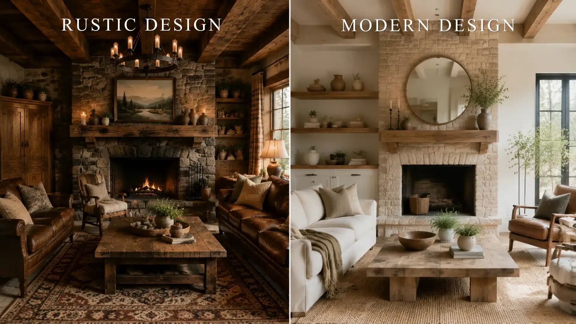 Side-by-side rustic interior comparison showing traditional and modern rustic design with wood, stone fireplace, natural textures, and warm decor.