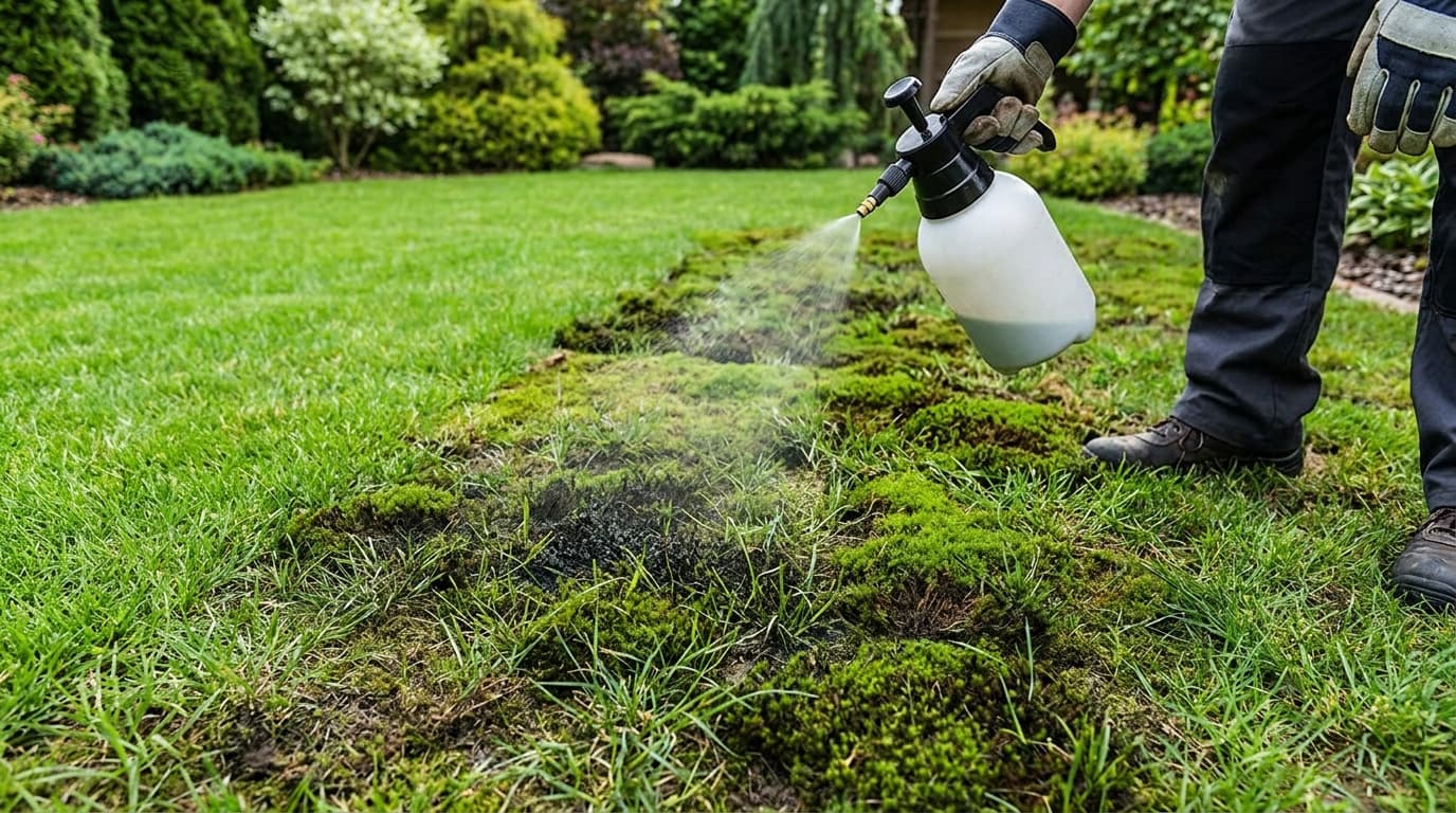 Applying moss killer treatment to stubborn moss patches in lawn