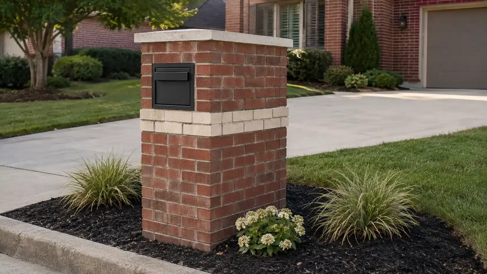 Red brick mailbox with a thick limestone cap, dark metal insert, natural landscaping, and matching stone porch details