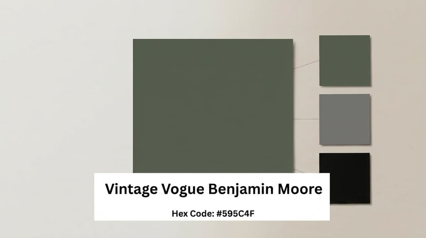 Benjamin Moore Vintage Vogue paint swatch showing green gray and black undertones.