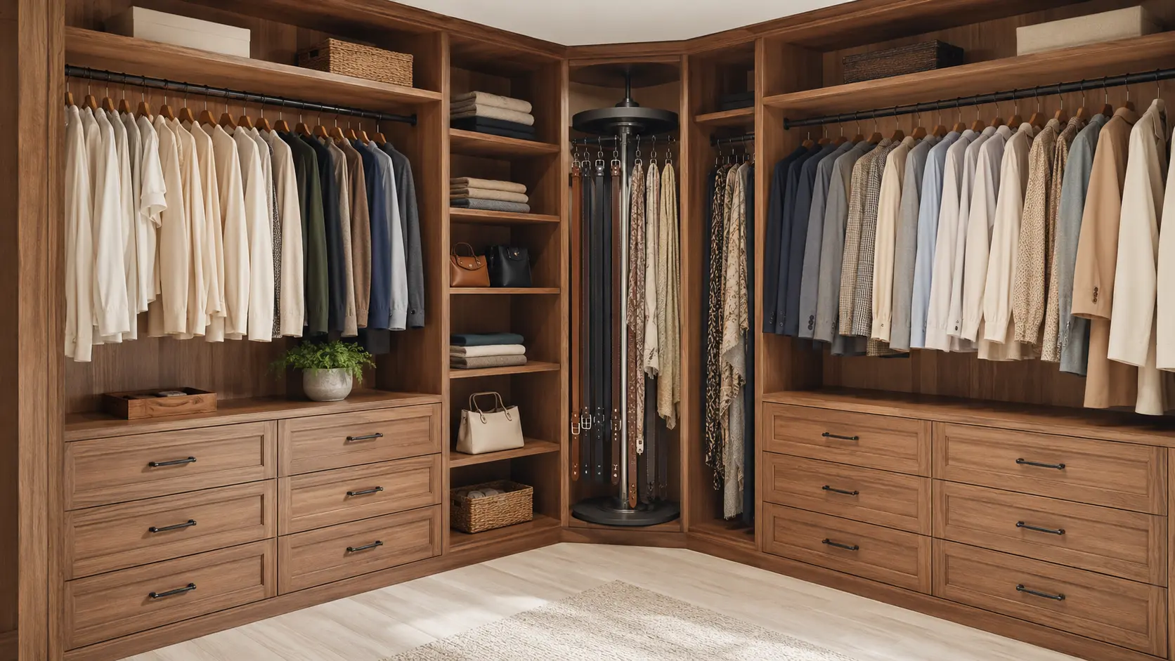 L-shaped closet corner with hanging rods, open shelves, drawers, and a rotating rack for belts and scarves