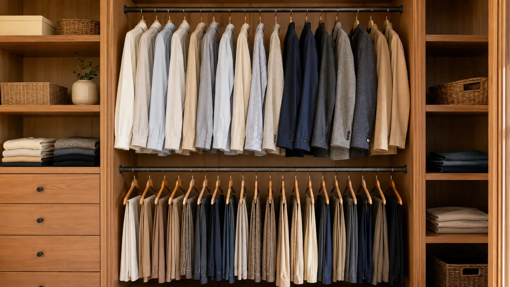 Double-hanging closet rods with organized shirts, jackets, skirts, and trousers in warm wood cabinetry