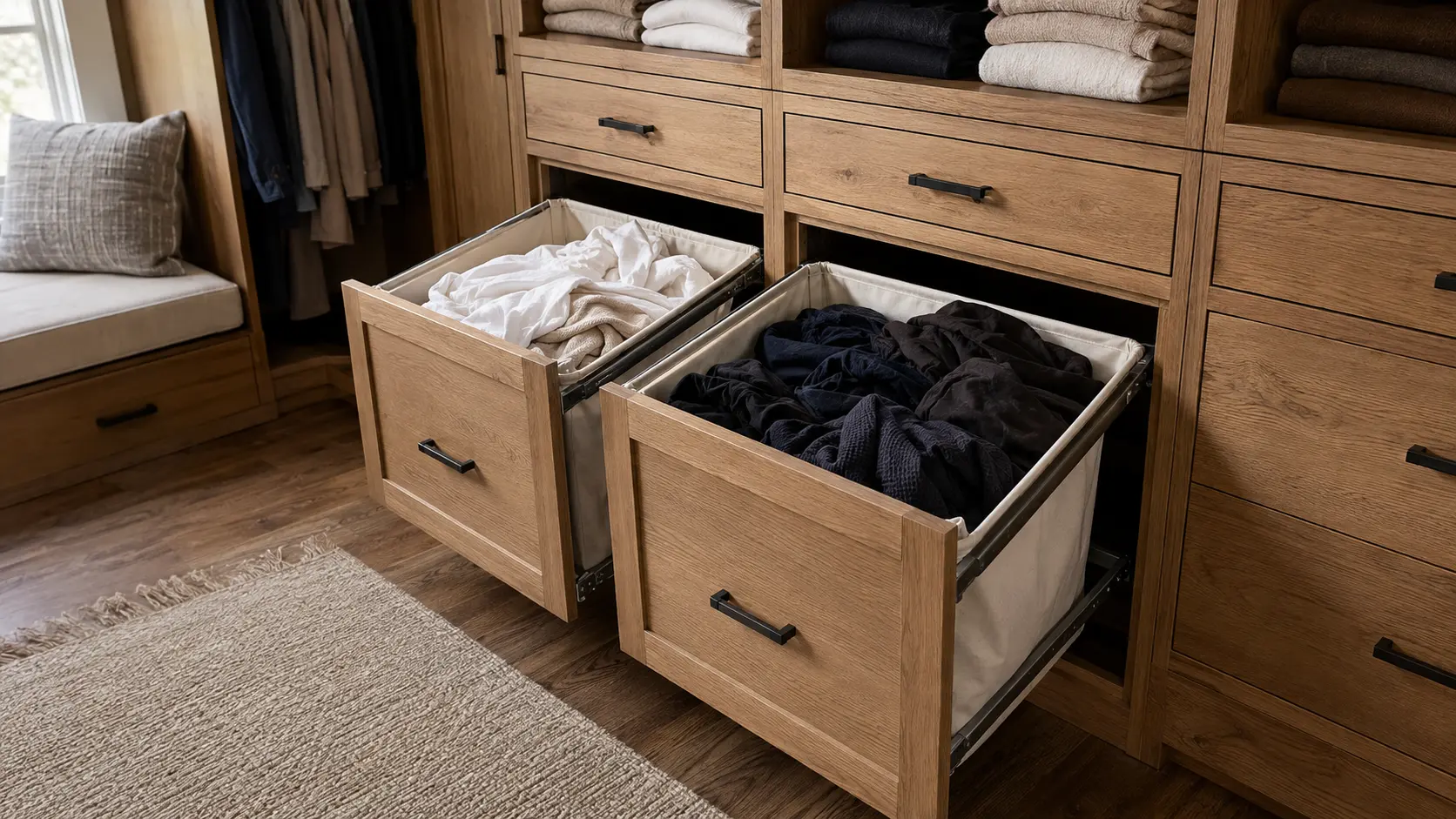 Pull-out laundry hampers separating light and dark clothing inside a warm wood master closet