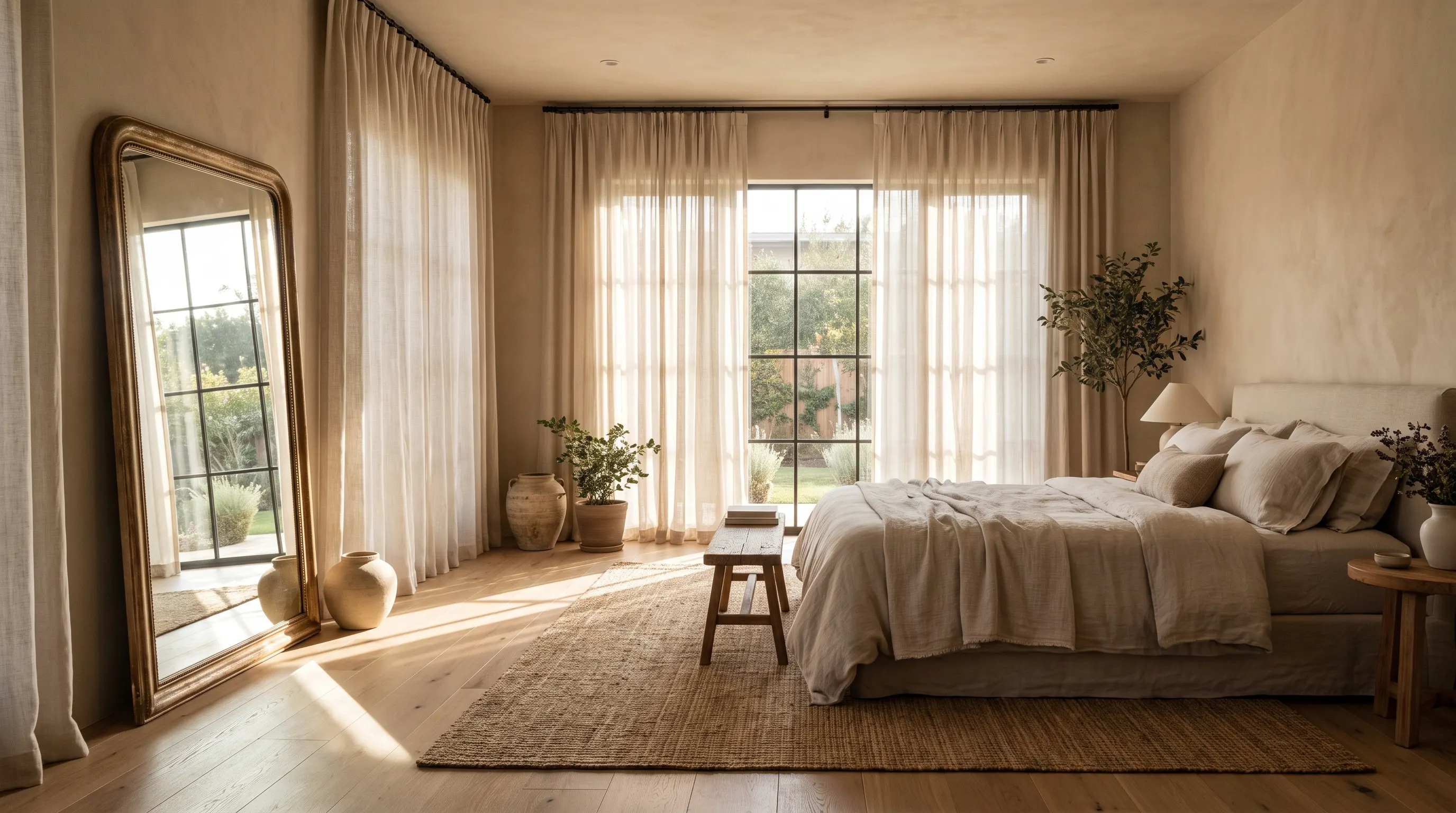 Bright room with sunlight, sheer curtains, mirrors, and natural interior elements.