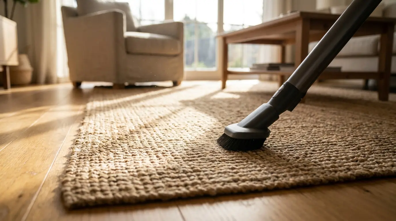 Vacuuming a jute rug regularly as part of proper cleaning and maintenance.