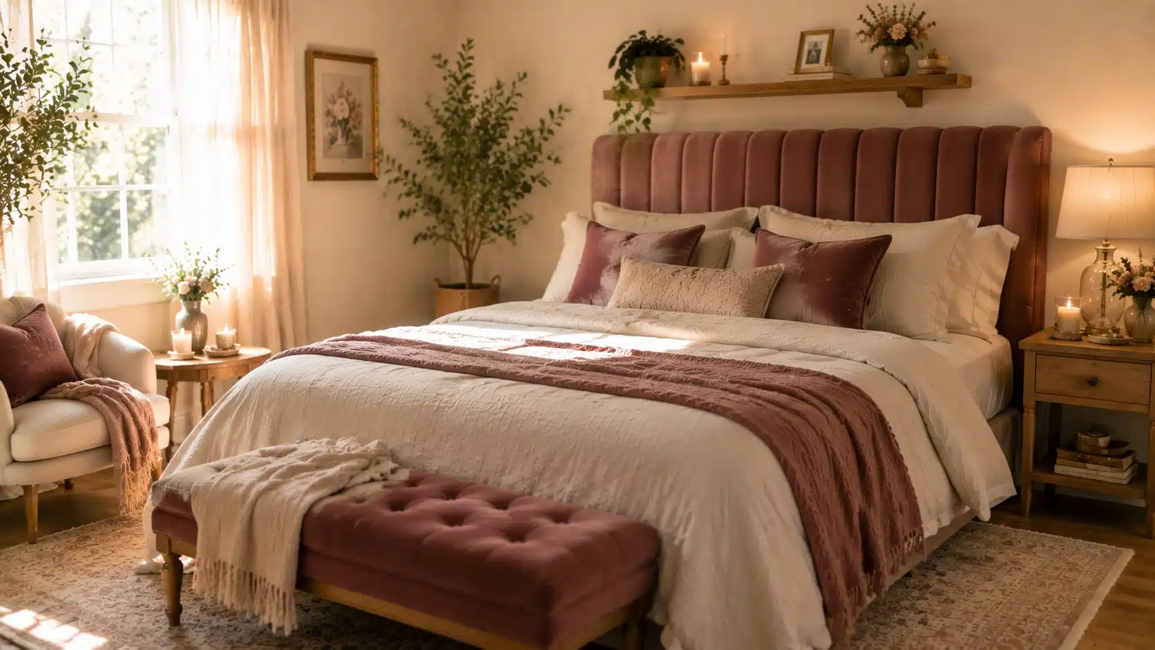 Warm romantic bedroom with velvet headboard, soft cushions, layered bedding, and natural lighting creating a cozy intimate atmosphere.