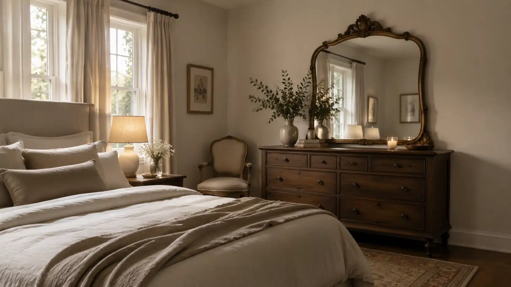 Warm bedroom with an ornate antique mirror above a dresser reflecting natural light and classic decor