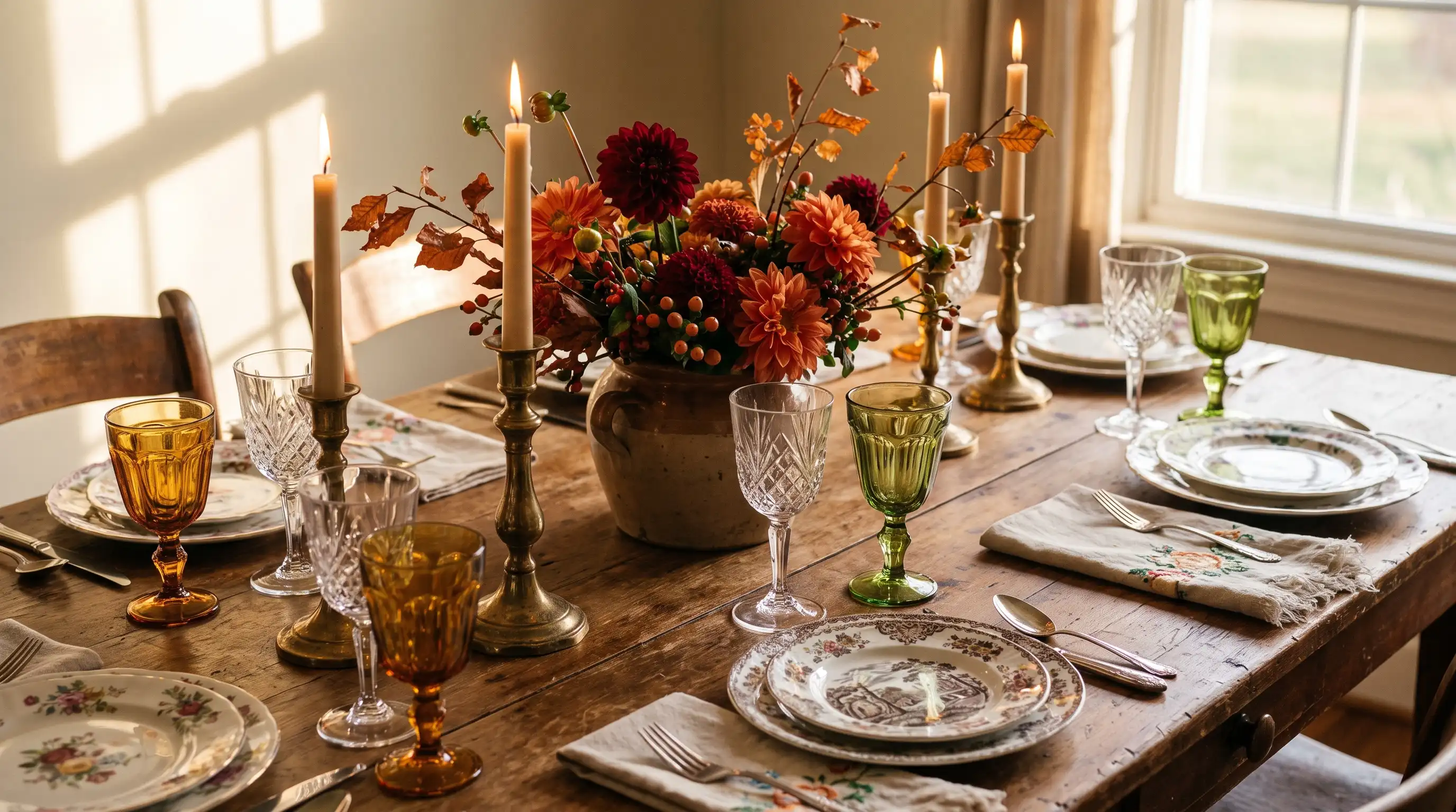 Vintage fall table with patterned china, mismatched glassware, brass candlesticks, and autumn florals