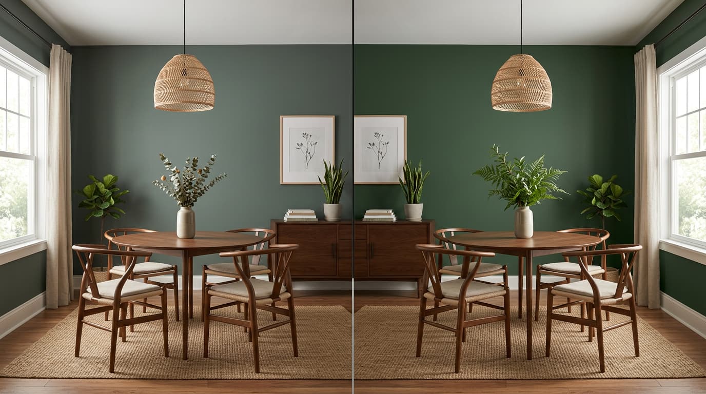 Dining room comparison of Benjamin Moore Vintage Vogue and Backwoods green paint shades.