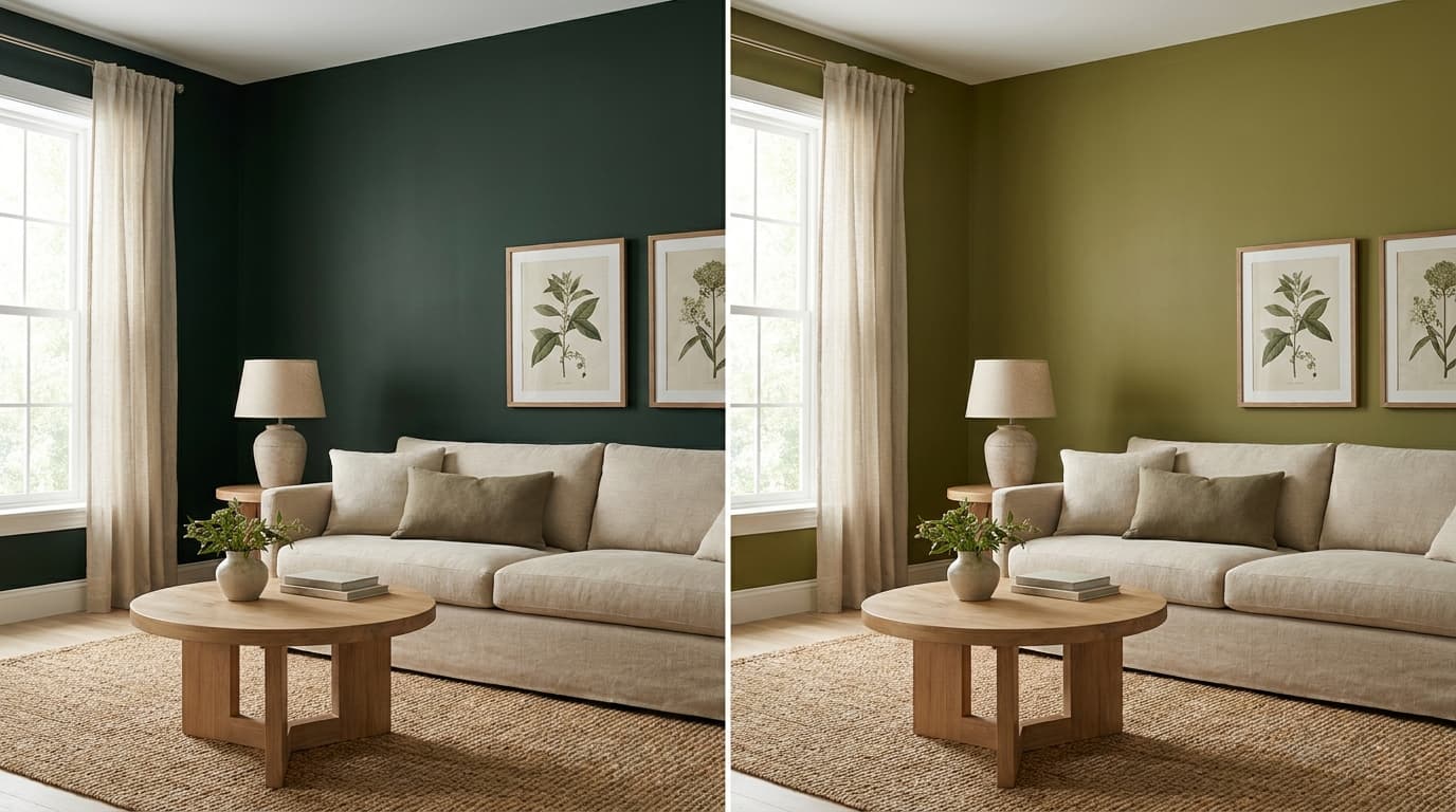 Side-by-side comparison of Benjamin Moore Vintage Vogue and Dark Olive green paint colors in a living room.