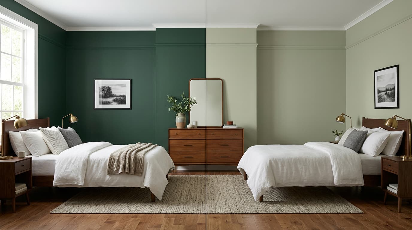 Bedroom comparison showing Benjamin Moore Vintage Vogue and October Mist green wall colors.
